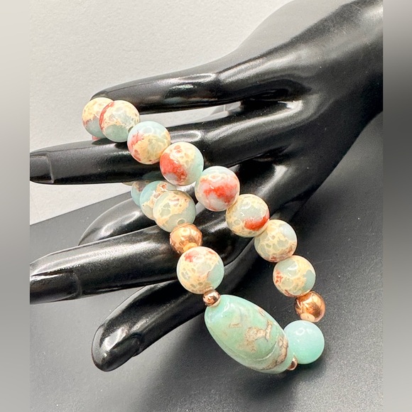 SNAKESKIN ( ICY SKY ) JASPER  NATURAL  BRACELET size 7” - Picture 8 of 9